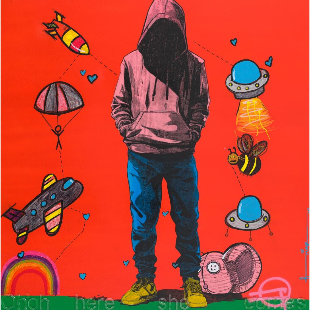 Man vs Bee by Fringe – original oil on canvas, contemporary pop art