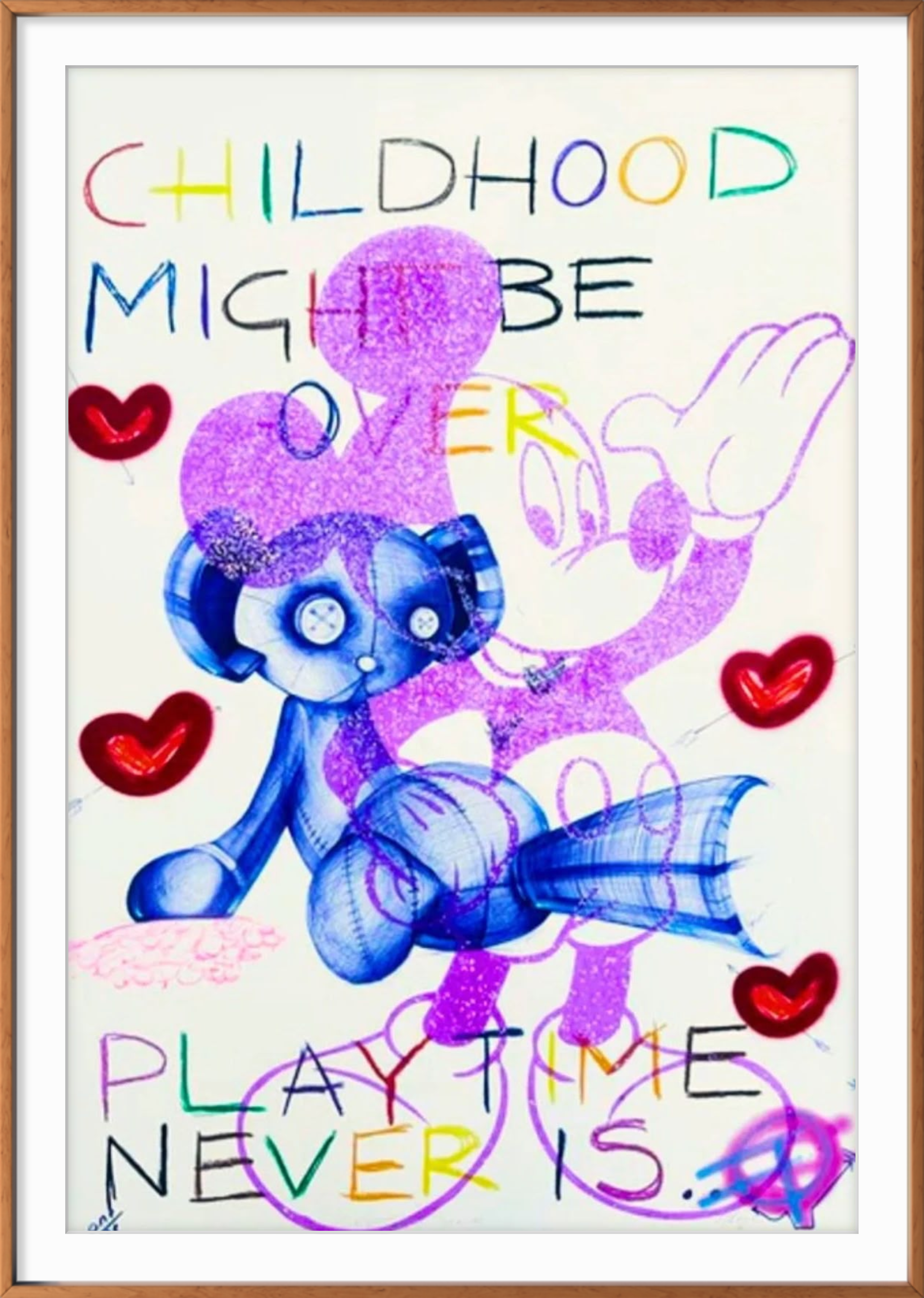 Playtime Never Is - original diamond dust silkscreen by Fringe, 70x100cm framed artwork on paper