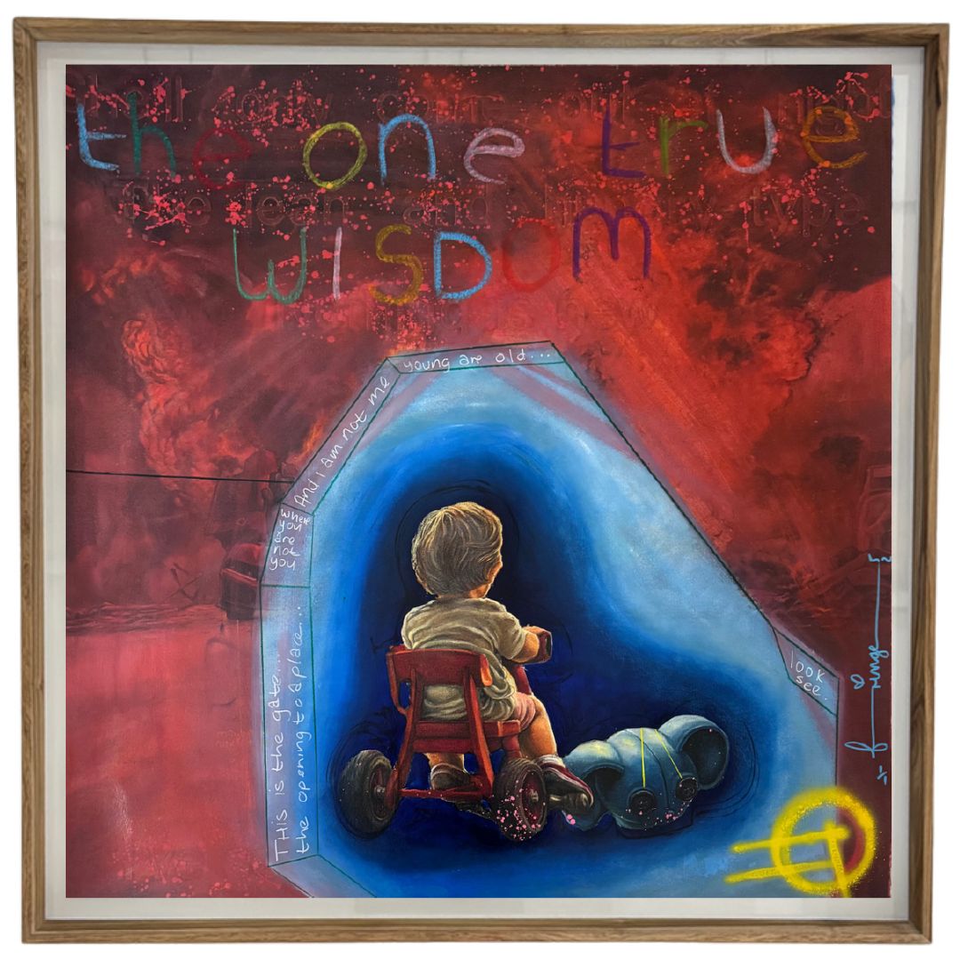 The One True Wisdom by Fringe – oil and mixed media on Fabriano paper, contemporary pop art
