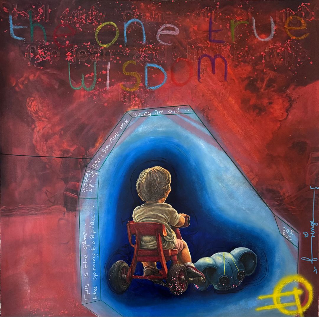 The One True Wisdom by Fringe – oil and mixed media on Fabriano paper, contemporary pop art