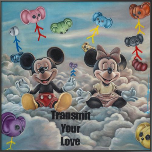 Transmit Your Love by Fringe, original pop art painting shown in gallery setting