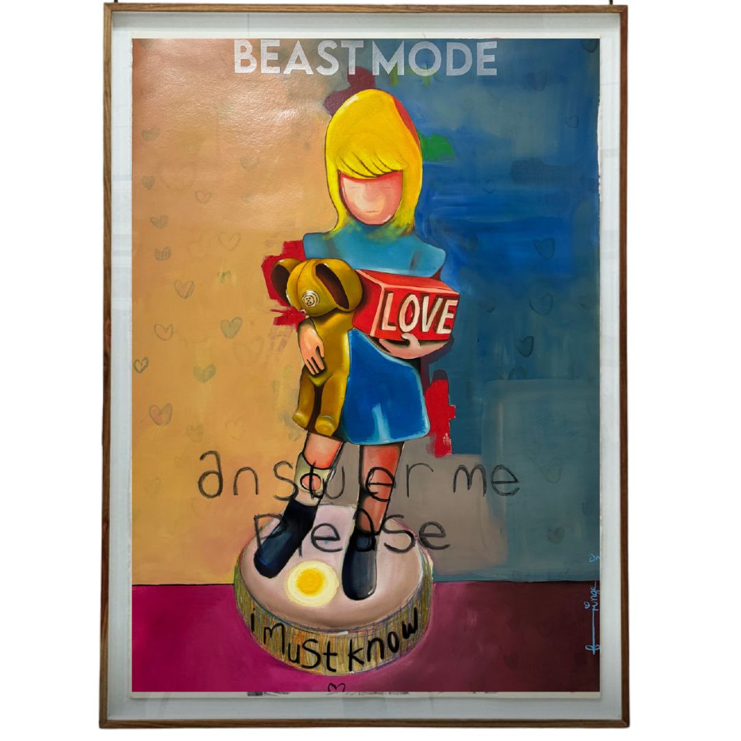 Answer Me by Fringe – oil and mixed media on Fabriano paper, contemporary pop art