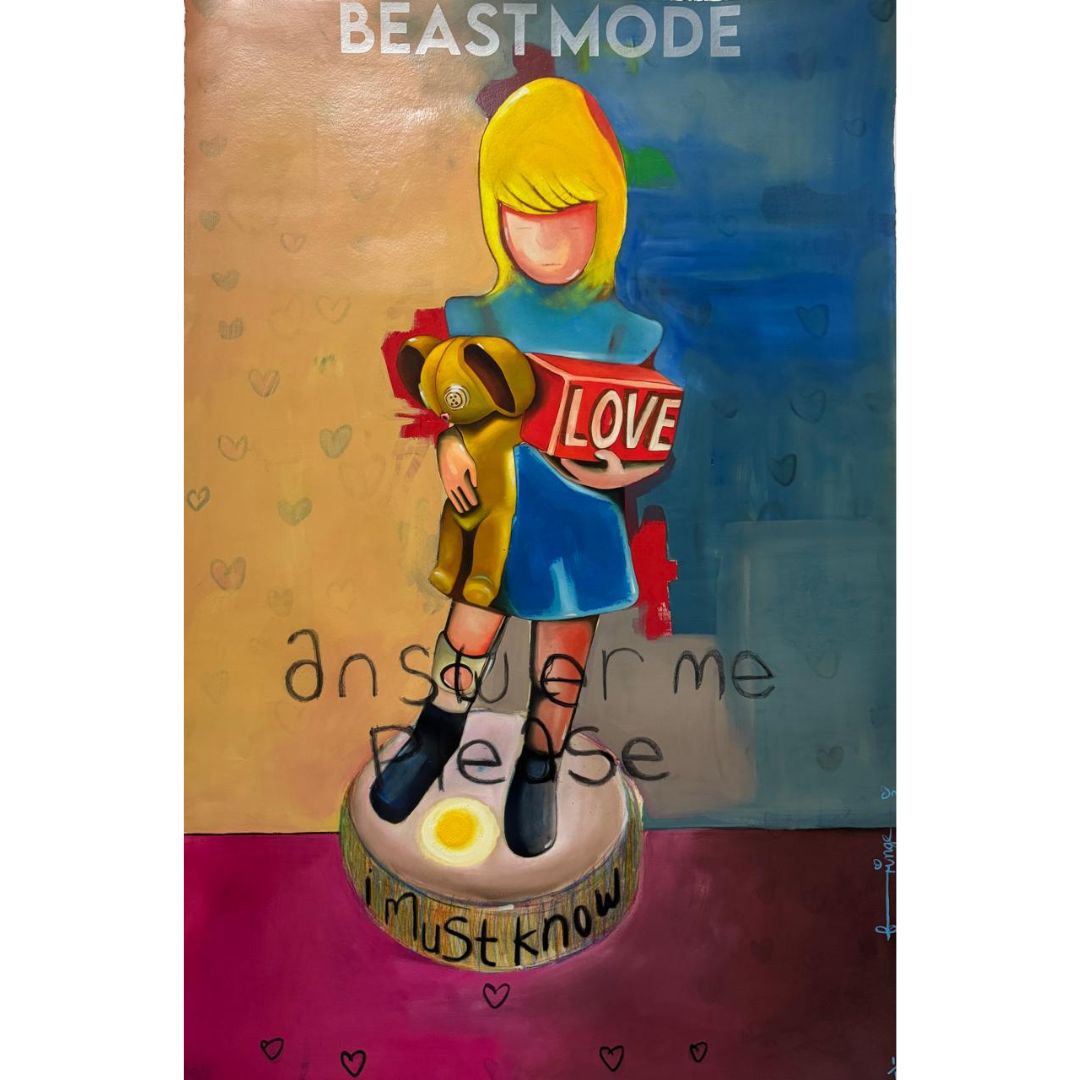 Answer Me by Fringe – oil and mixed media on Fabriano paper, contemporary pop art