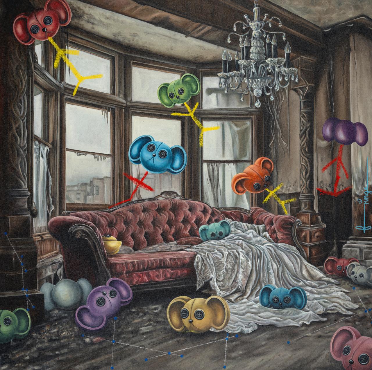 No Cat Equals Play by Fringe – original oil on canvas, contemporary pop art
