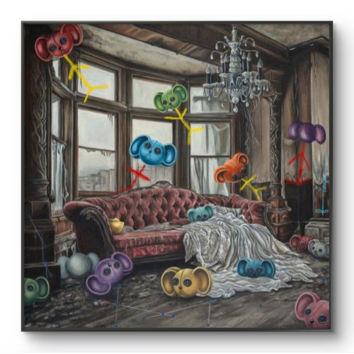 No Cat Equals Play by Fringe – original oil on canvas, contemporary pop art