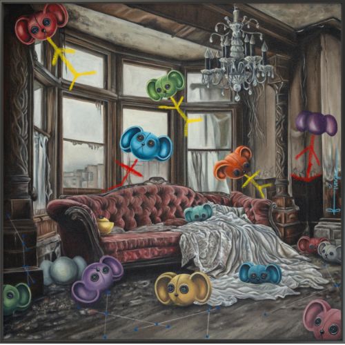 No Cat = Play by Fringe, original pop art painting shown in gallery setting