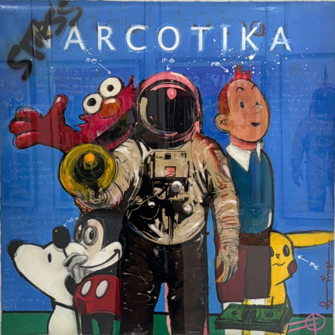 Stress Narcotika by Fringe – oil and mixed media on Fabriano paper, contemporary pop art